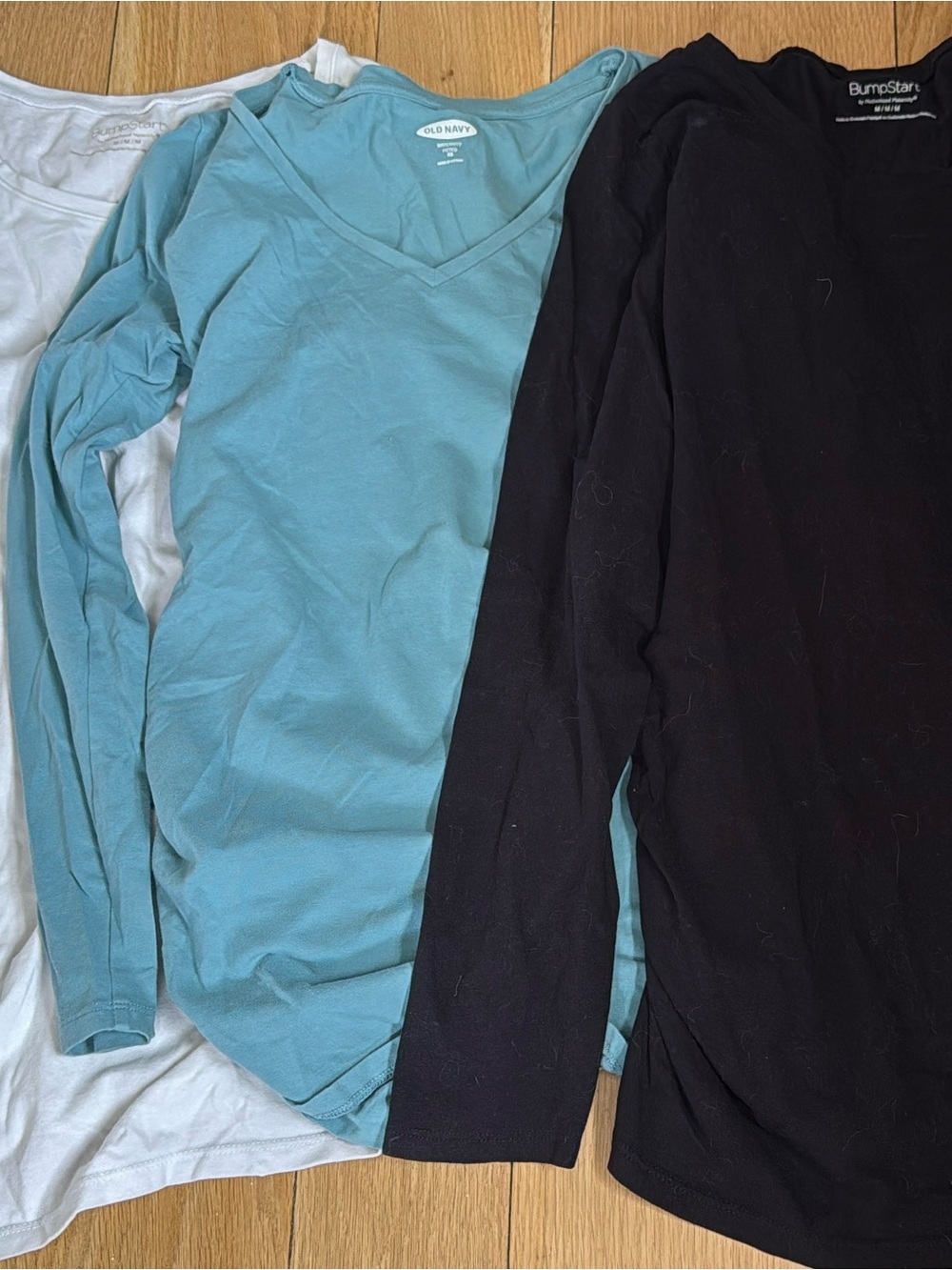 3 Maternity Long-Sleeve Tees in Teal, White and Black